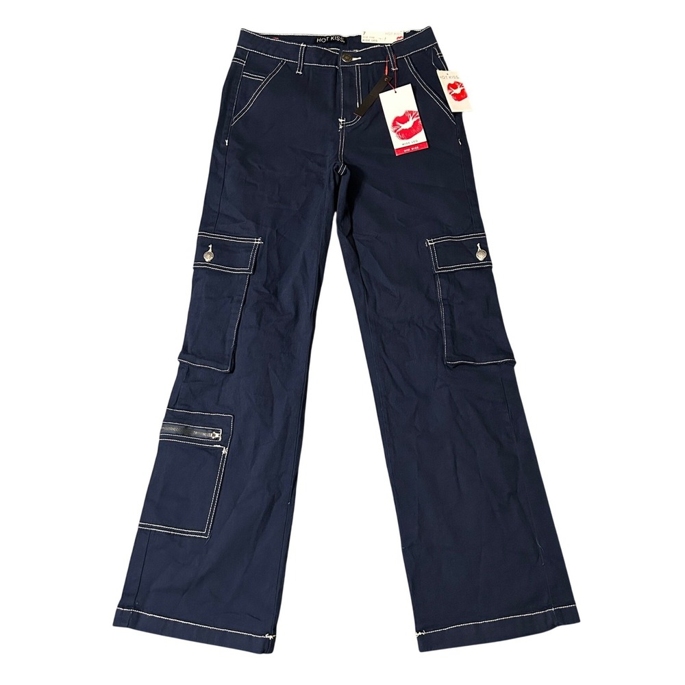 Hot Kiss Cargo Pants Womens 7 Navy Wide Leg Mid Rise Contrast Stitch 28x30
